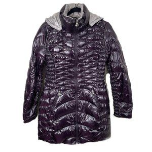 Laundry By Shelli Segal Shine Hooded Puffer Coat Size M 50% Down Eggplant Color